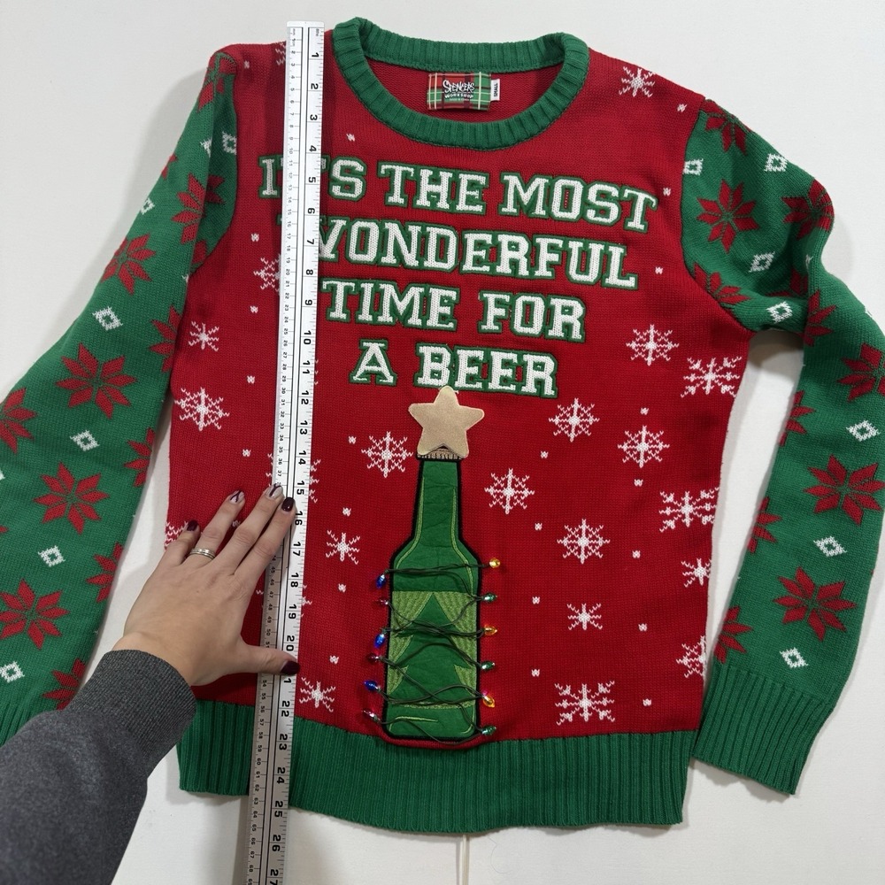 It's the Most Wonderful Time for a Beer Red Xmas Ugly Christmas Sweater S Lights - Picture 6 of 9